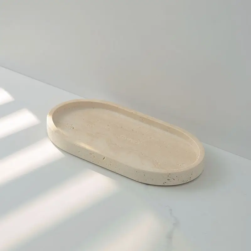 Natural Marble Stone Tray Travertine Beige Round Oval Jewellery Vanity Candles Decorative Storage Tray