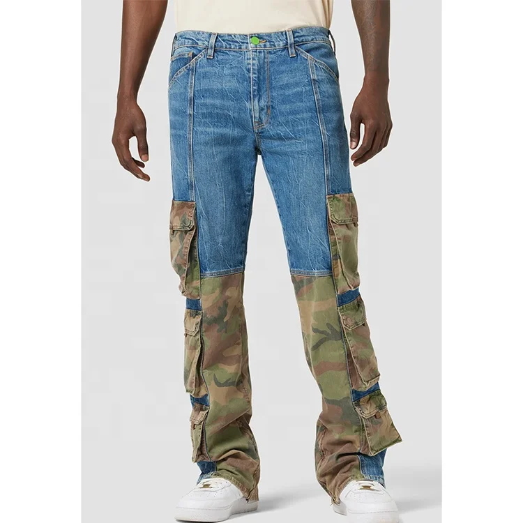 Custom High Quality Patchwork Camouflage Jeans Loose Fit Cargo Flare Camo Jeans For Men
