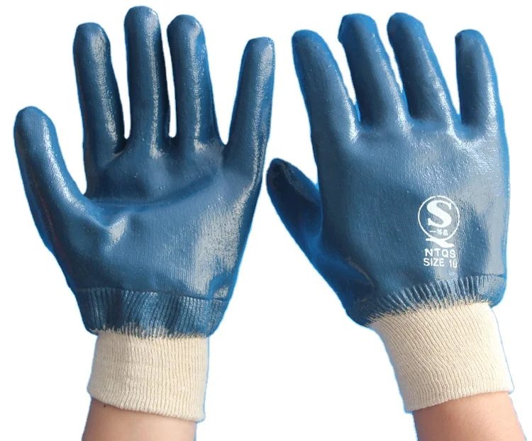 heavy duty oil resistance blue fully nitrile coated work  gloves with knit wrist for mining industry