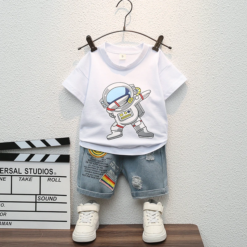 2024 Summer Handsome Baby Boys Boutique Clothing Wholesale Astronaut Short Sleeve T Shirt Jeans 2Pcs Kids Tracksuits Sets