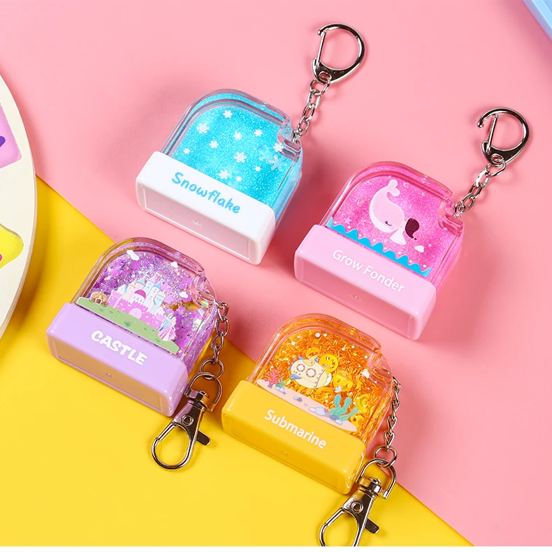 2022 new self inking stamp with crystal body quicksand style student name stamp kids ink stamp with key chains
