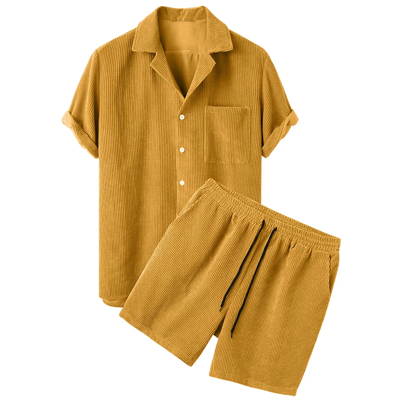 2022 Custom Logo Solid Color Men 2 Piece Short Set Corduroy Summer Shirt