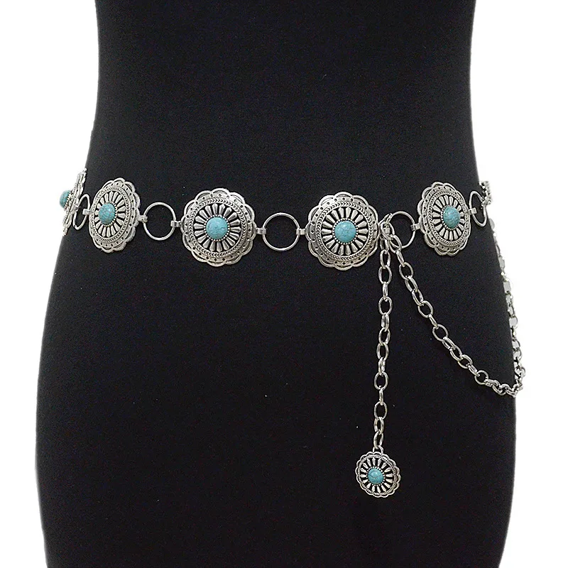 Western Turquoise Concho Chain Belt for Women Silver Oval Flowers Chain Belt Adjustable Metal Belt With Buckle for Women Dresses