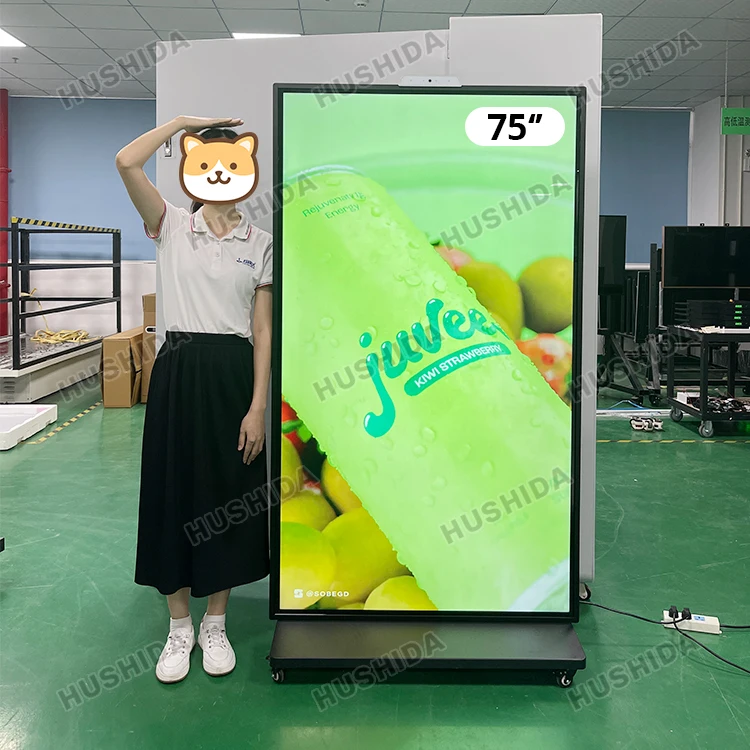 55 75 85 inch interactive touch screen ads led full floor screen vertical lcd advertising display screen with wheels