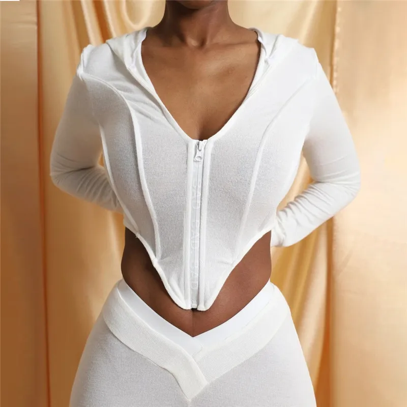Casual Two Piece Set Women Long Sleeve Bodycon Hooded Matching Sets Wear Outfits Corset Tops Skinny Work Out Pants Suit