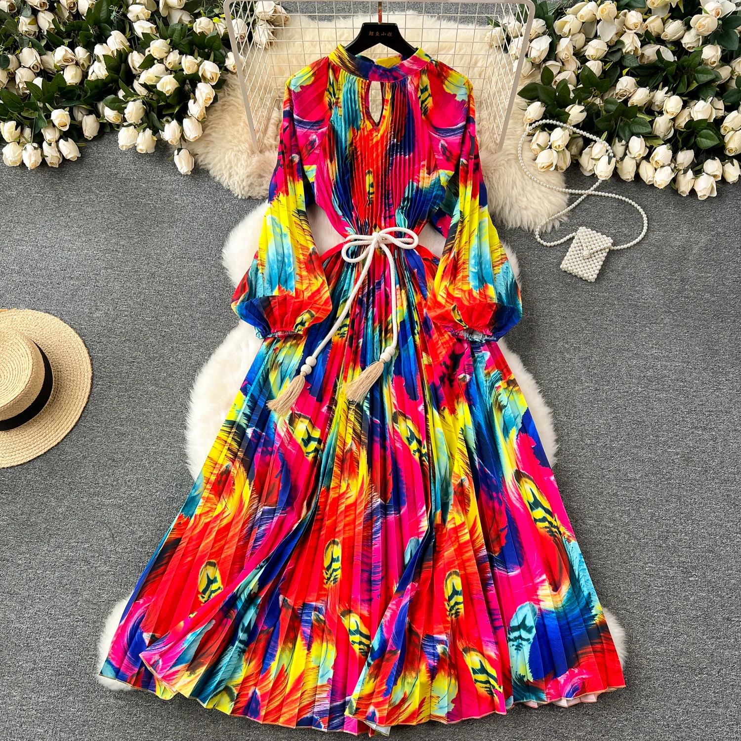 LE2522 Mature Loose Maxi Floral Print Dresses Woman Hollow Office Lady Belted Large Size Long Evening Dress Socialite Party Robe