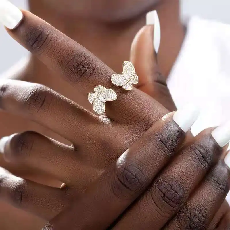 
Trendy CZ Butterfly Finger Ring Gold 18K Cubic Zircon Double Butterfly Ring 