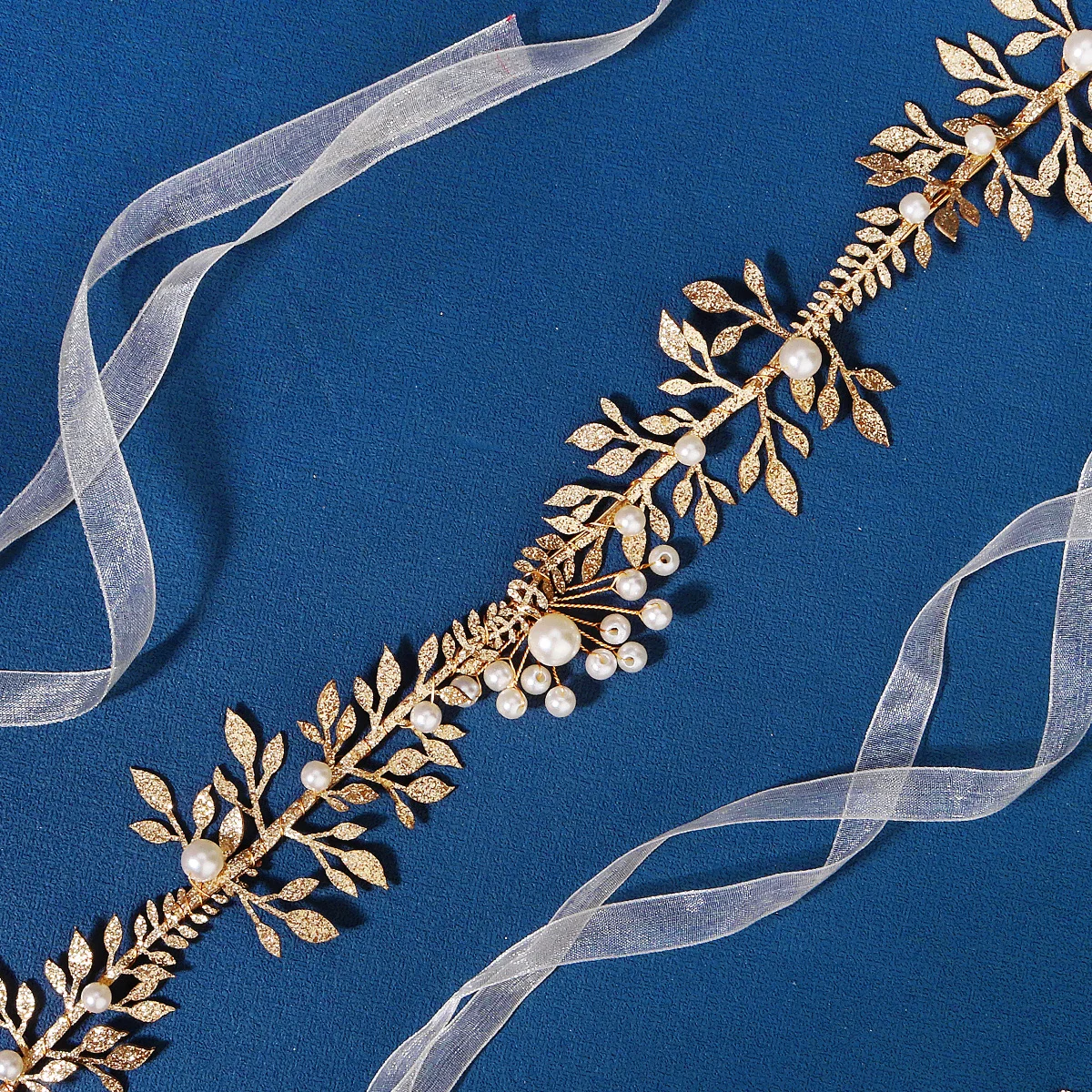 Handmade Gold Leaves Bridal Hair Vine Accessories Bling Prom Wedding Bridesmaid Pearl Headpiece For Women