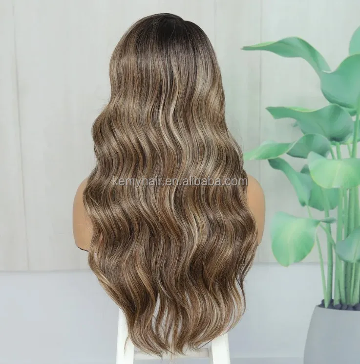 KEMY HAIR New Arrival Balayage Synthetic Wig Wholesale Long Wave High Quality L Part Lace Front for Women High Temperature Fibre