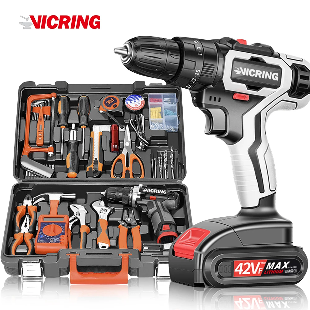 VICRING 102pcs Tool Sets Professional Household Electrical Installation Impact Drill Driver Power Tool Set Easy-to-use