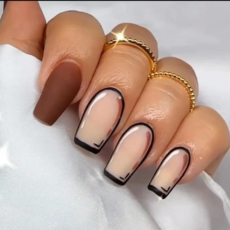 Cartoon matte short coffin young girl lovely press on nails vendor black lines description beauty false nails suppliers