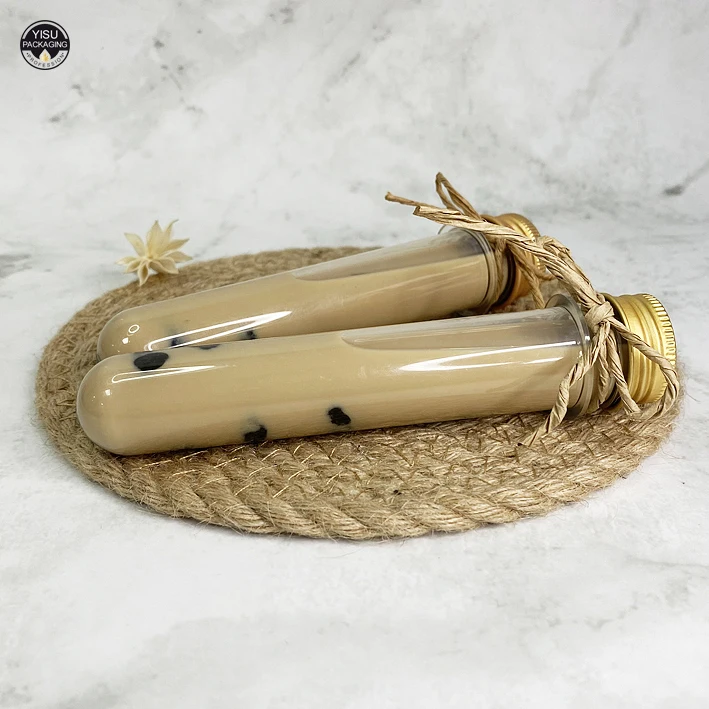 Straight Round Boba Tea Bottle Milk Tea Tall Tube Shape Juice Bottle Custom lOGO with Aluminum Cap PET Bubble Bottle