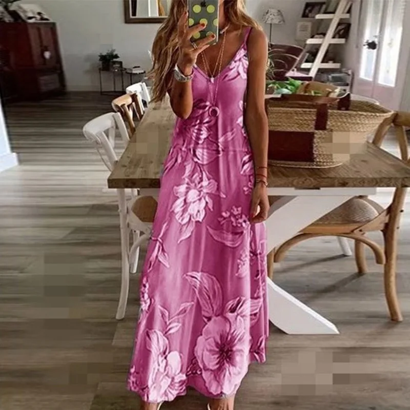 Bohemian Slip Dress Summer Sleeveless Backless Floral Casual Maxi Dress Sundresses For Women