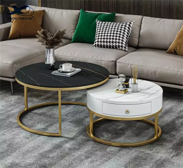 Contemporary Round Nesting Coffee Table Bent Black Gold Metal Side Glass Marble Stone mdf Wood Nest of 3 Table Set Nesting Table