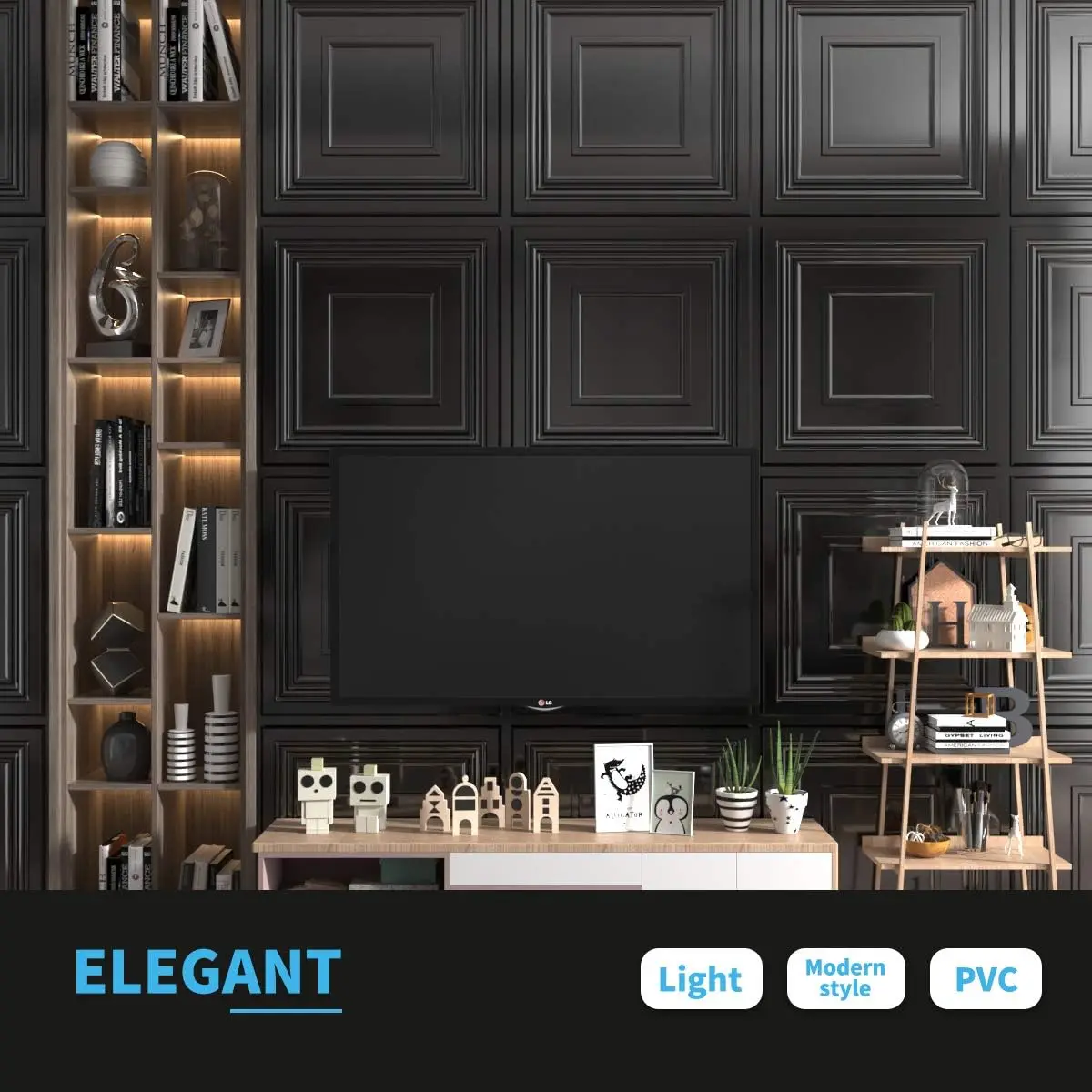 3D PVC Wall Panels Decorative Drop Ceiling Tile Glue up Ceiling Panel Square-Black