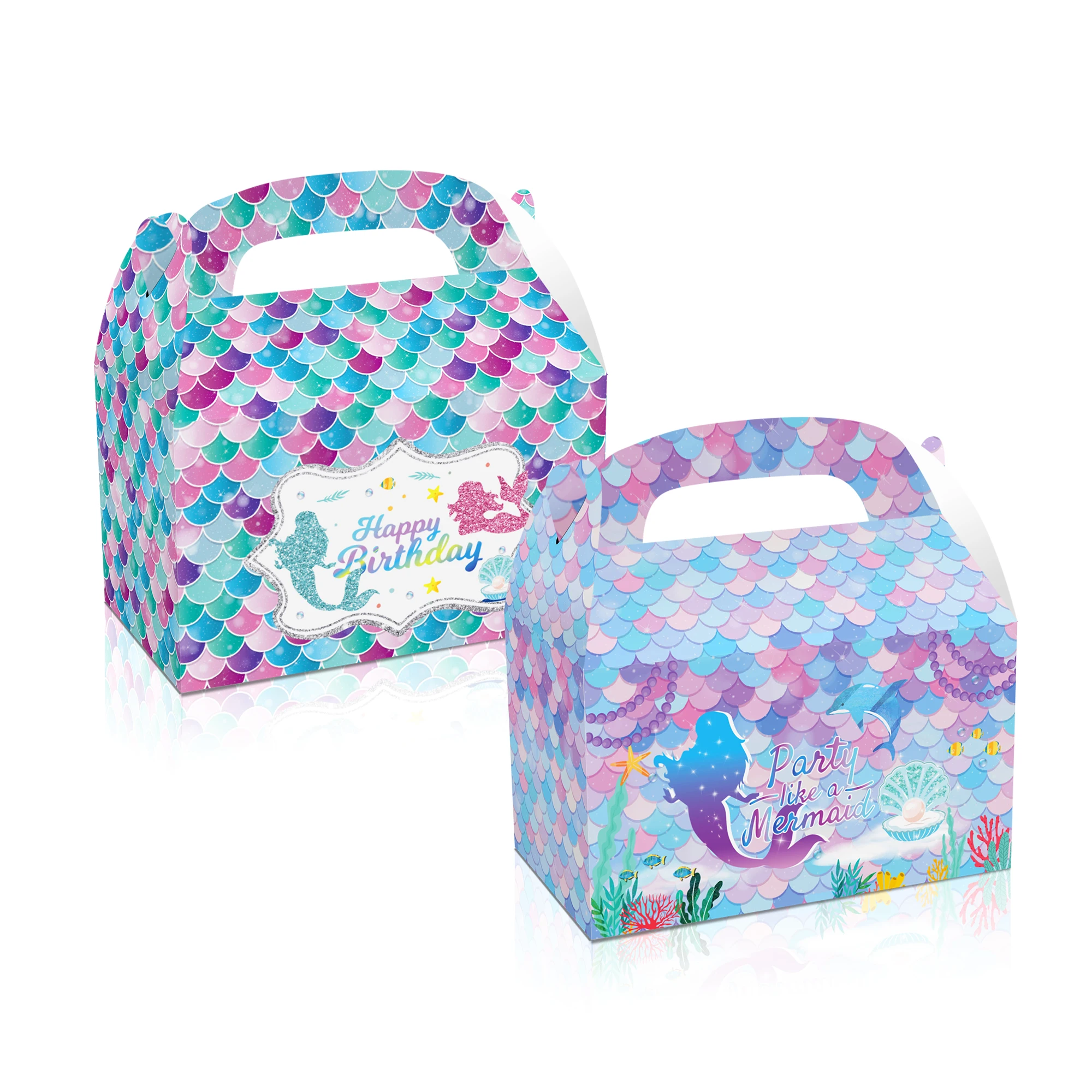 Huancai 12 pcs mermaid candy treat boxes double side design paper gift cake goodies box for kids happy birthday party supplies