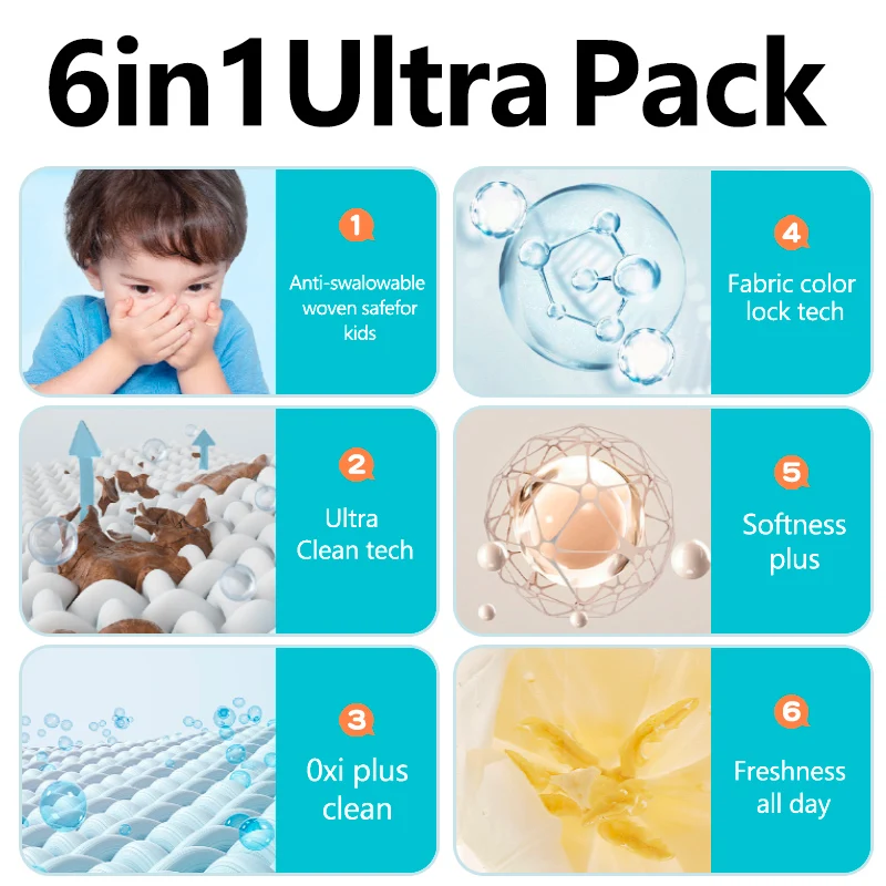 6 in 1 color lock super cleaning softening and whitening scented laundry detergent pellets peas pack in non-woven sachet