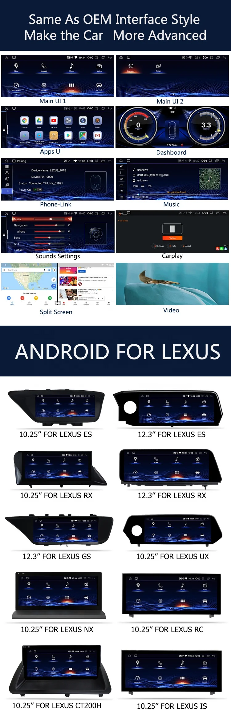 Voyeego 10.25' Carplay 8 Core Android 13 64GB Screen Replacement Monitor Car Stereo Multimedia For Lexus ES 250 350 2017 2015