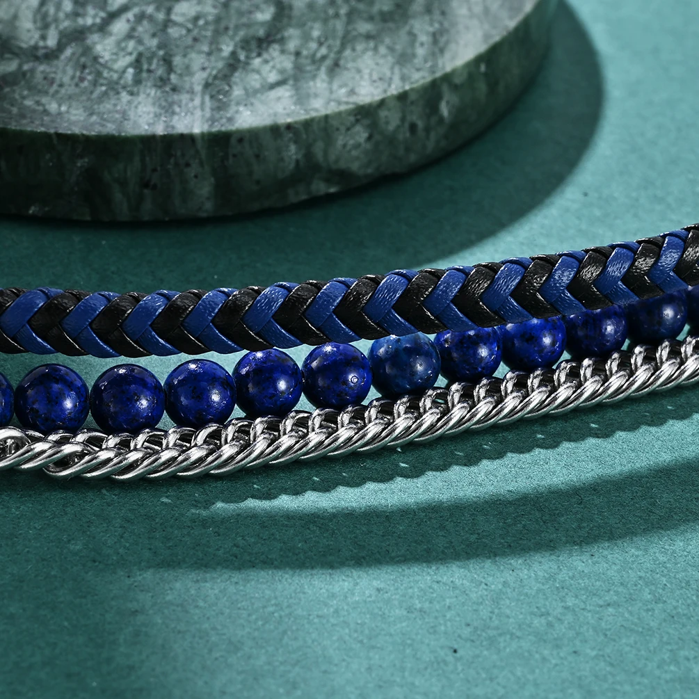 Alin Wholesale Natural Stone Bead Black Agate Beads Bracelet Multi Layer Genuine Leather Bracelet