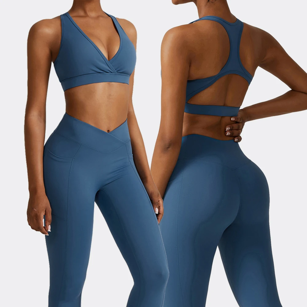 Open Back Hollow Sports Bra Crop Workout High Waist Compression Tights Yoga Pants Leggings with pockets Gym Fitness Set Women