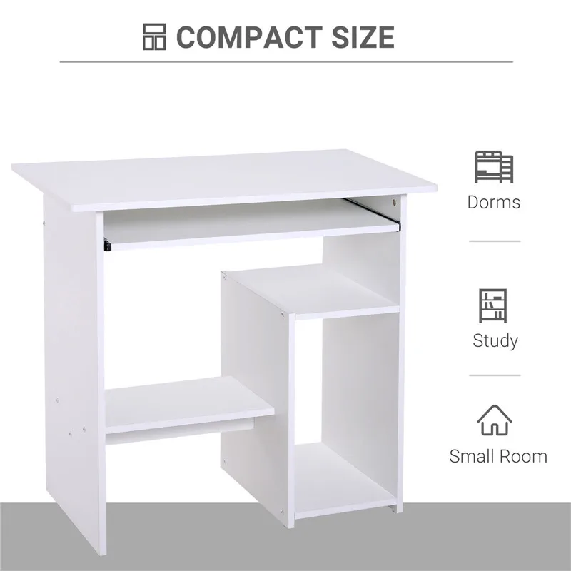 
White Compact Small Computer Table Wooden Desk With Keyboard Tray Storage White Compact Small Computer Table Wooden Desk With Keyboard Tray Storage