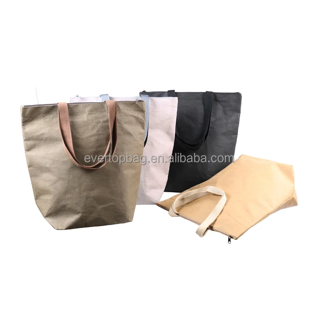 ECO Friendly Reusable Tote Shopping Zipper Washable Dupont Tyvek Kraft Paper Bags with Cotton Handles