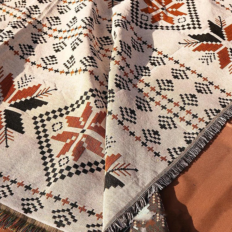 Отдых на природе в скандинавском этническом стиле с узором полоску хлопковое складное одеяло бохо для пикника кисточками кожаный ремешок
