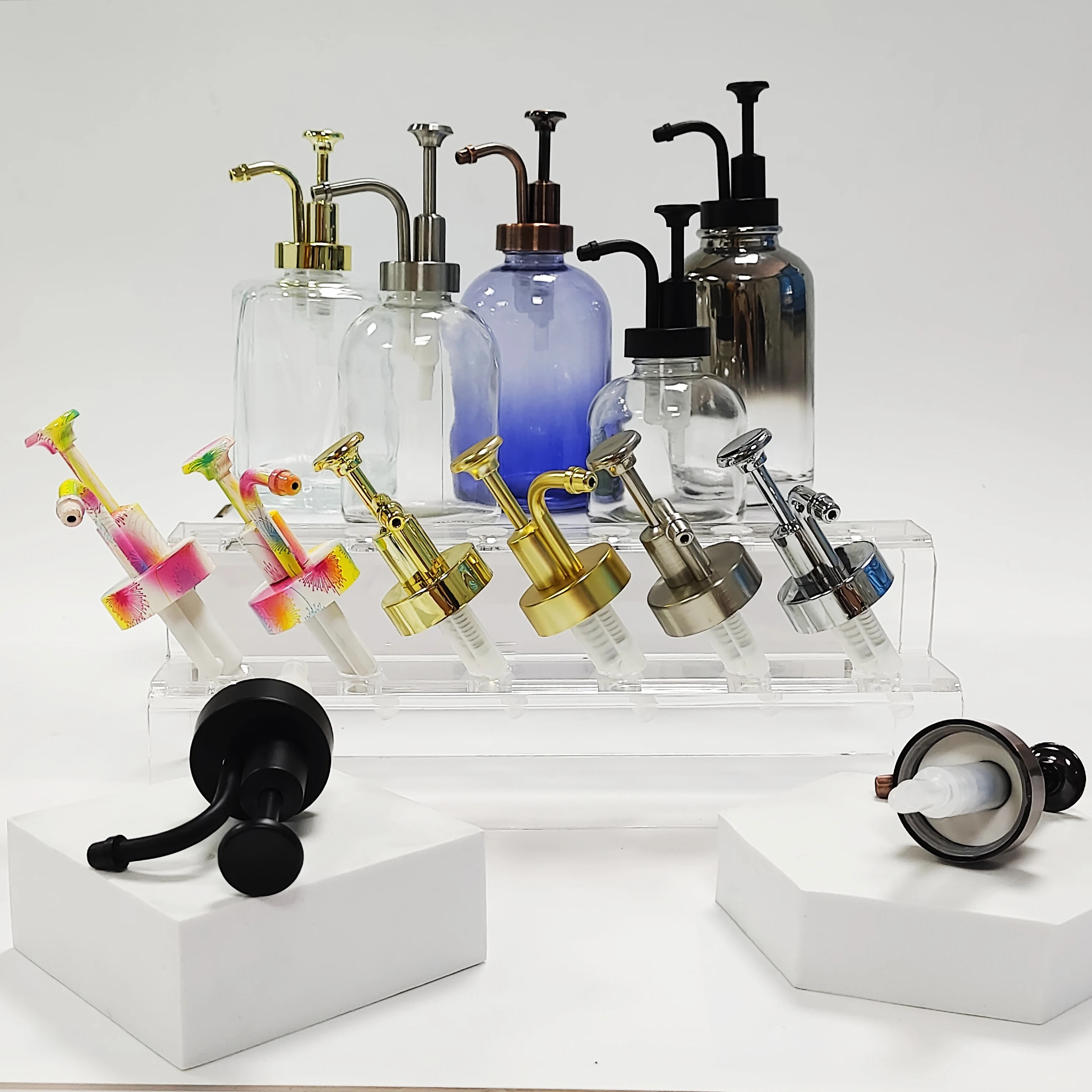 Factory direct luxury style hand soap packaging black rubber paint stainless steel long nozzle lotion cream pump 33/400