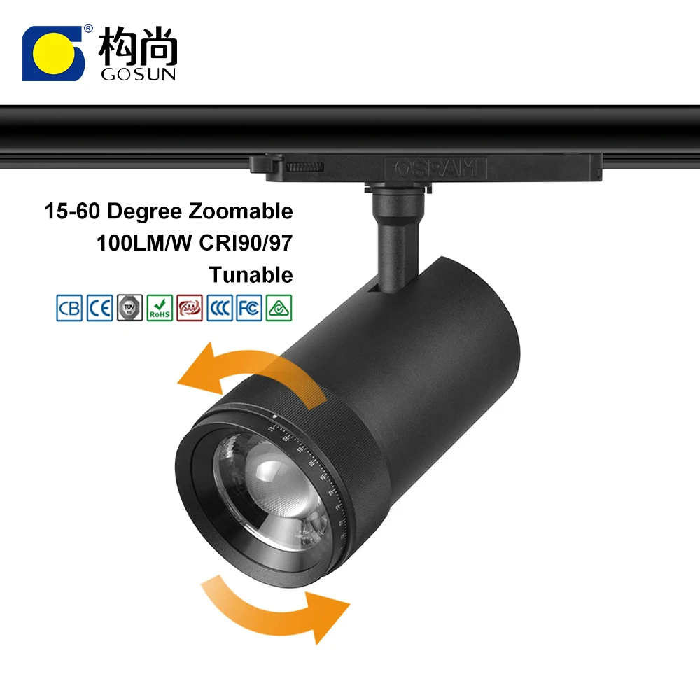 GOSUN 15-60 degree zoomable aluminum profile smart TRIAC dimmable 15-42w led focos track spotlight