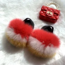 2022 Designer Custom Wholesale Winter Luxury Fluffy colorful Baby Girl Wool Toddler Rainbow Flat Fur Slides With Purse Set Kids