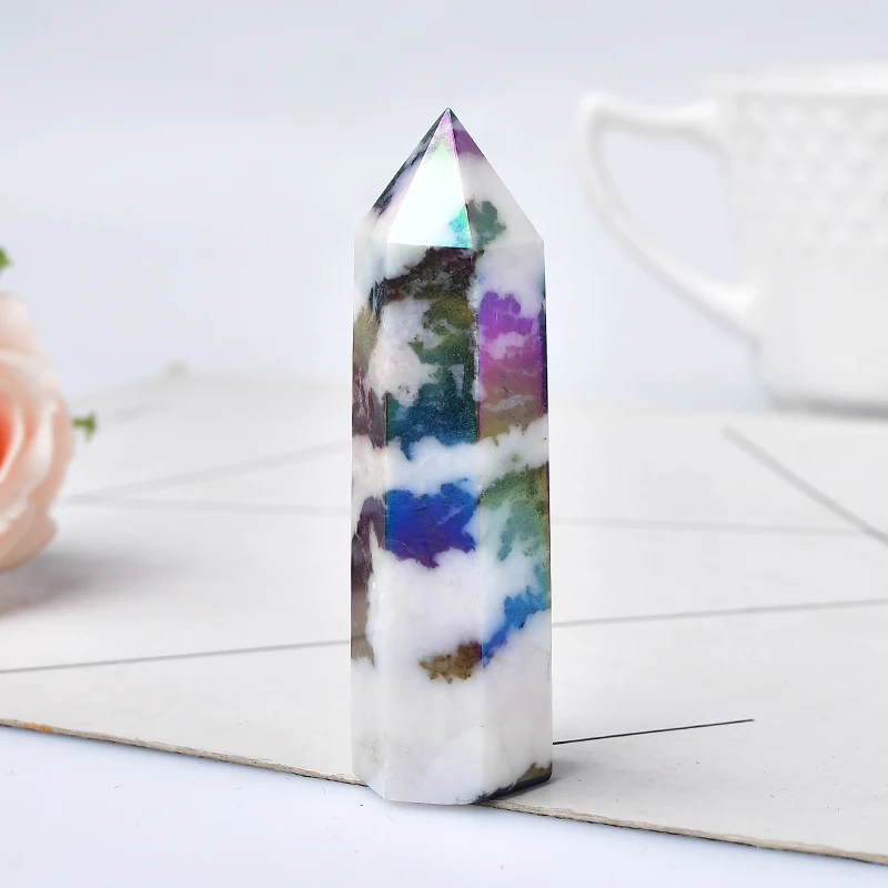 Natural Crystal Electroplating Point Angel Aura Crystal Tower Black And White Stripes Healing Stones For Home Decoration