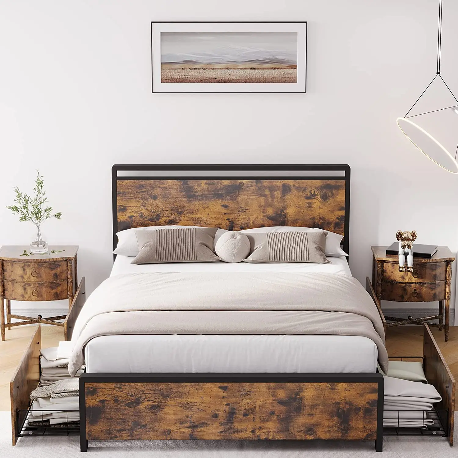 Farmhouse Hotel Double Queen Size Bed Frame with 4 Storage Drawer Wood and Metal Bed Frame