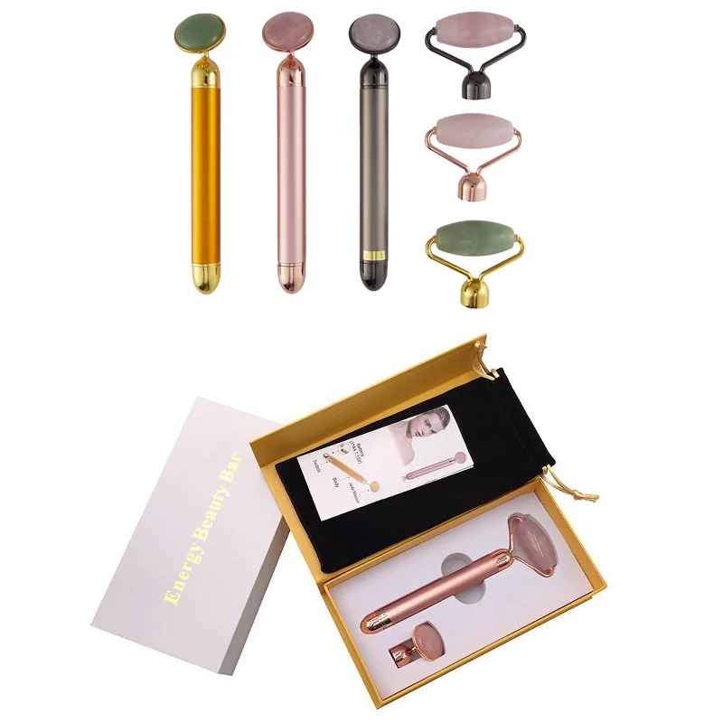 Skin care 24K Gold Electric Vibrate jade massage Roller beauty bar Rose Quartz 2 in 1 face rolelr massager