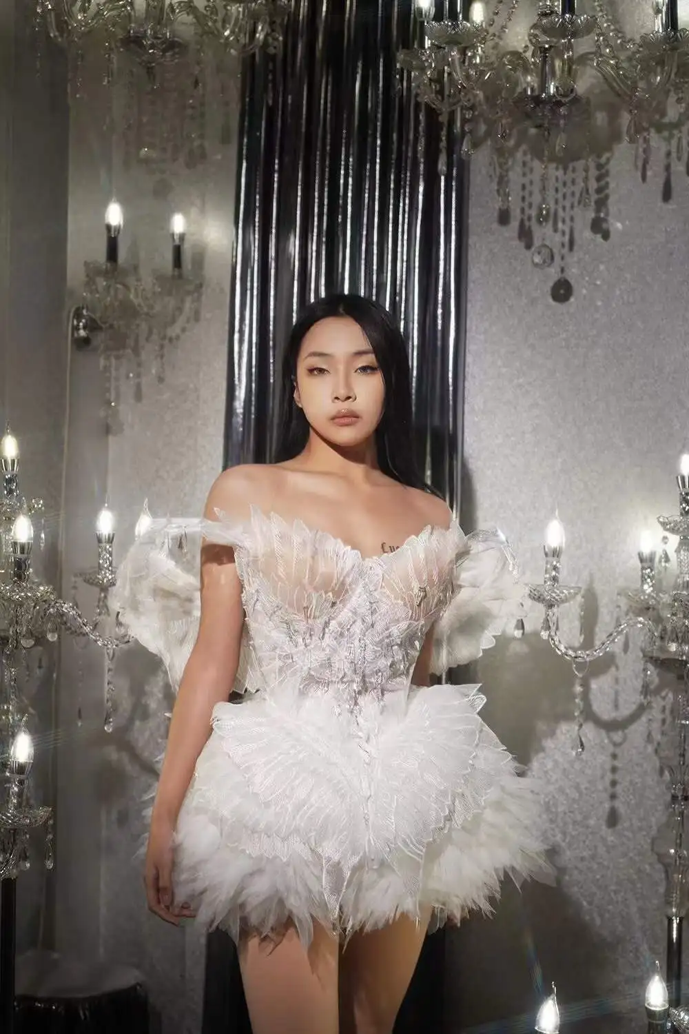 Ocstrade Ladies Romantic Performance Dress Club Off The Shoulder Backless Feather Mini Party Dress With Wings