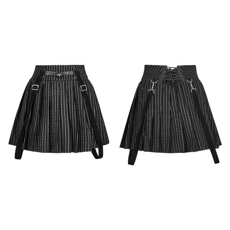 PUNK RAVE Daily Life Back Strap Skirt OPQ-239BQF Ladies Elastic High Waist Striped Pleated Plaid Skirt