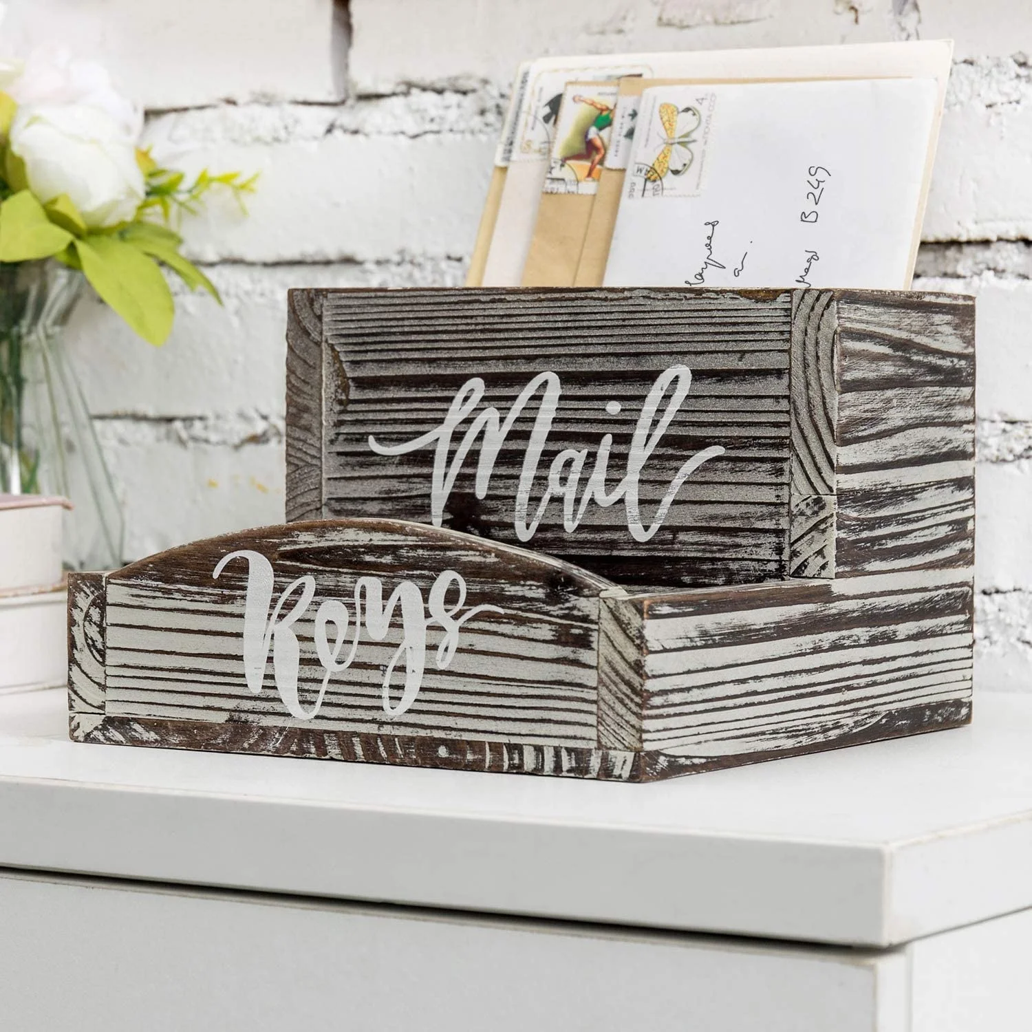 Rustic Torched Wood Tabletop Mail Organizer and Key Holder Storage Tray with Stylish Cursive Font