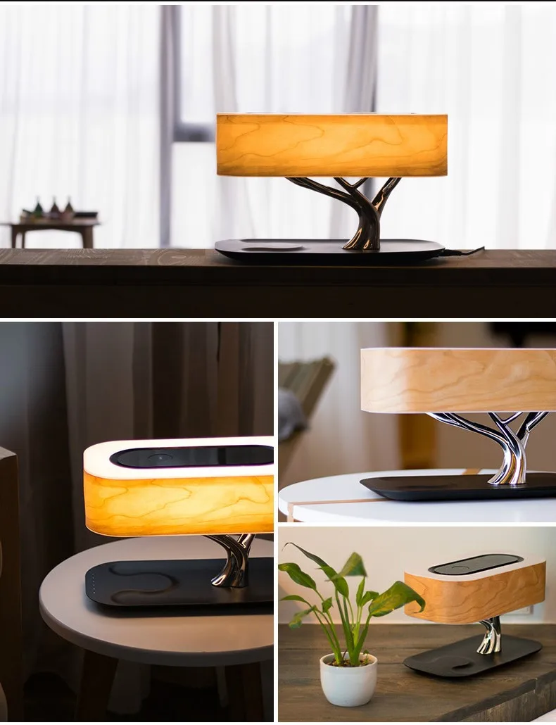 Wooden Tree of Light Bedside Lamp Touch LED Wireless Charging Table Lamp With Speaker For Bedroom Study Living Room