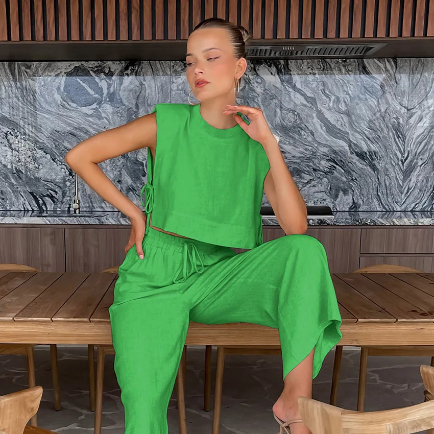 Women Sleeveless top and pants two-piece set casual fashion cotton linen set for women