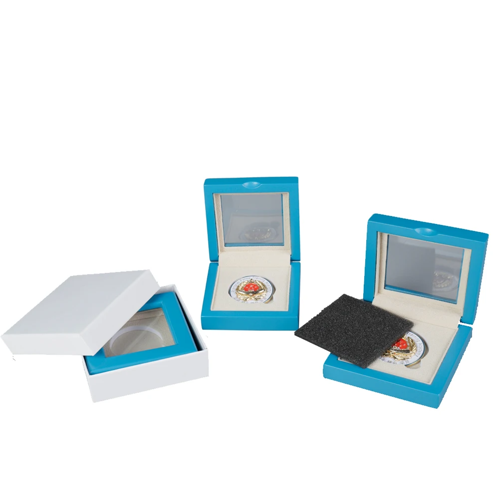 Small Blue Custom Lining Wooden Commemorative Coin Medal Display Box With Transparent Acrylic Lid