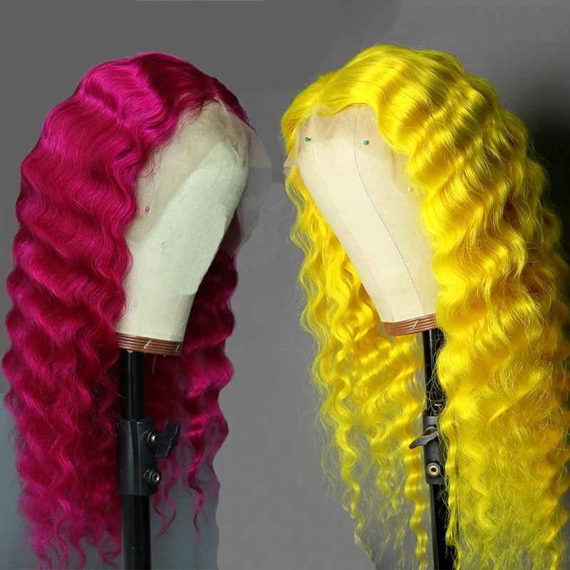 Желтые бразильские натуральные волосы, длинные, глубокие волны, кружевные передние человеческие волосы, парик с детскими волосами, розово-красные, цветные, кружевные, глубокие вьющиеся волосы, парик