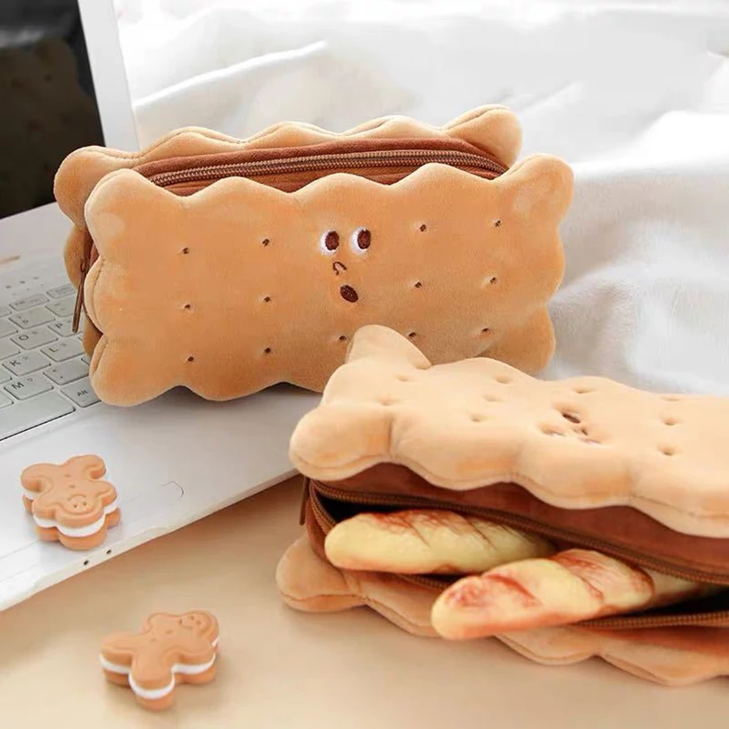 Custom Biscuit Kawaii Pencil Case Stationery Bags Large Capacity Plush Cute School Pencil Case