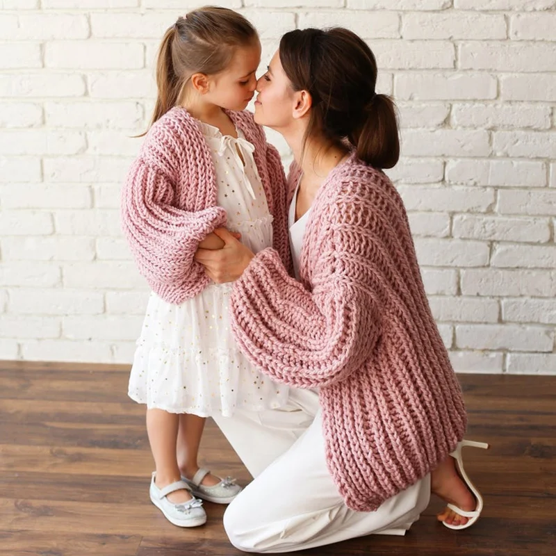 High Quality pink lantern sleeve knit cardigan sweater family mommy daughter matching clothing