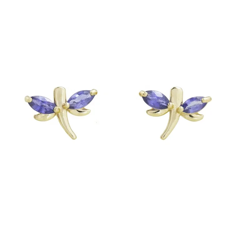 925 sterling silver luxury gold beautiful designed Blue Sapphire Dragonfly Studs earrings women 2020