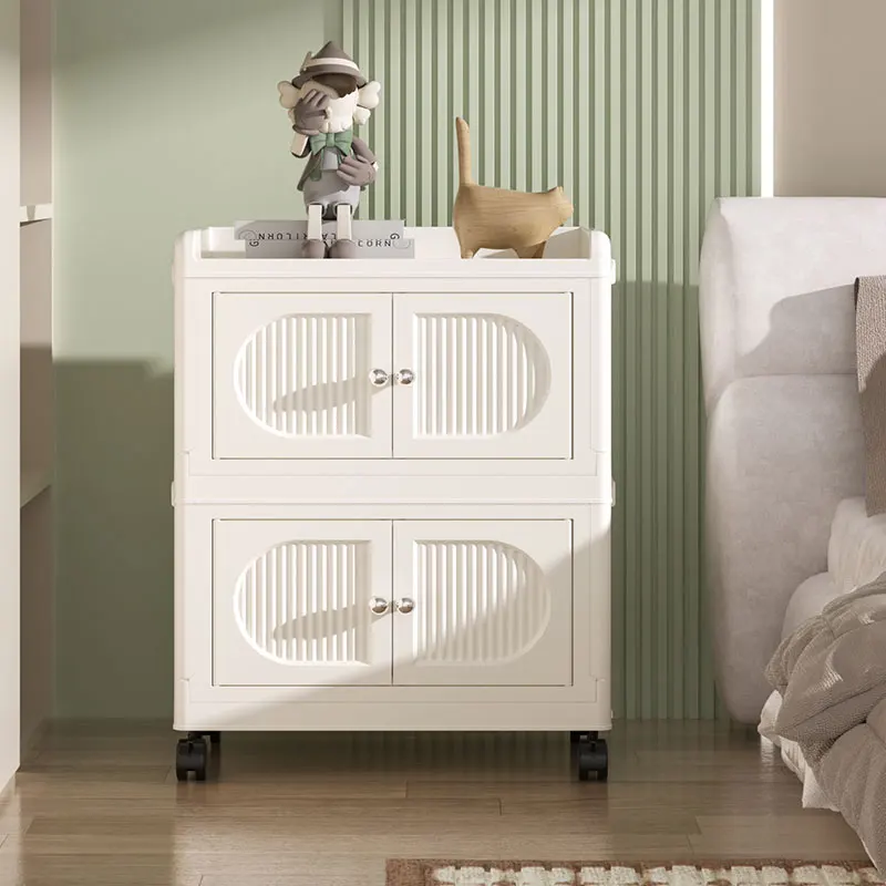Collapsible Bedroom PP Wardrobe Stackable Foldable Storage Cabinet Plastic Bedside Table With Wheels