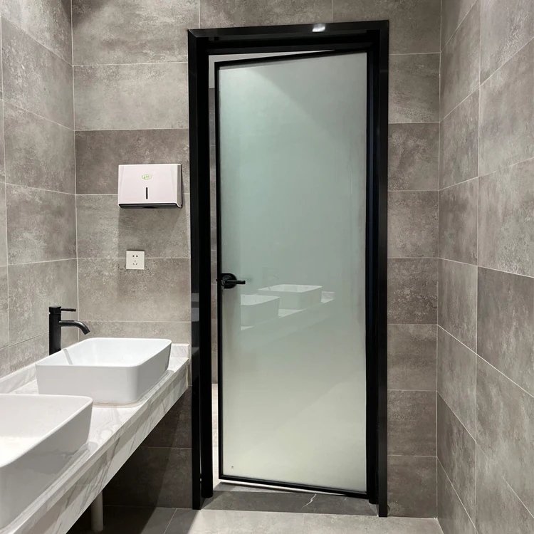 Office Glass Swing Door Aluminum Black Frame Single Modern Bedroom Interior 8mm Frosted Glass Door Bathroom Toilet Casement Door