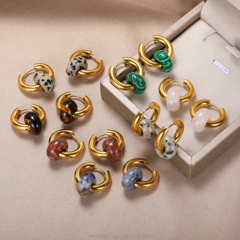 Iridescent Natural Stone Donuts Hoops Earrings With Stainless Steel Hoop Girl Earrings For Women Hypoallergenic Jewel