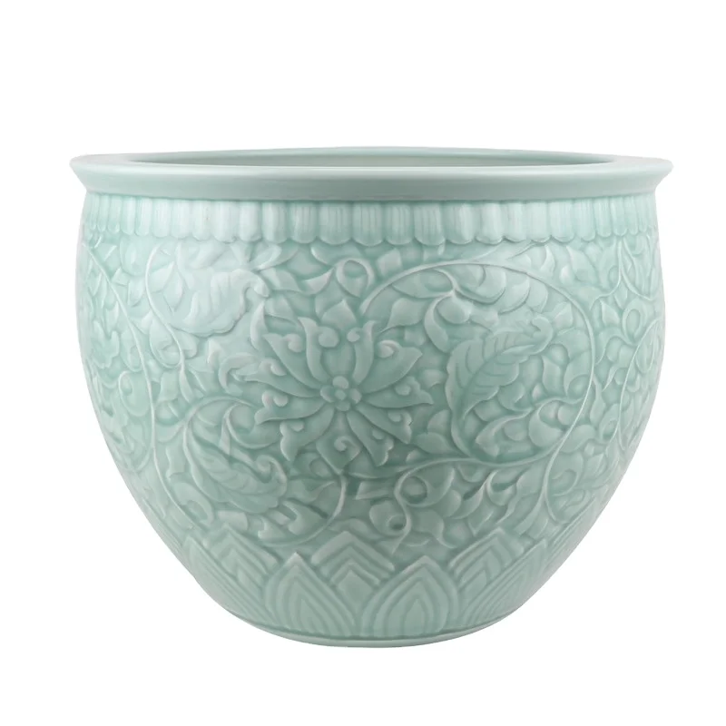 RZTM16 Modern Sky cyan color Glazed Flower Winding Carved Large ceramic water Tank Porcelain fishing pot