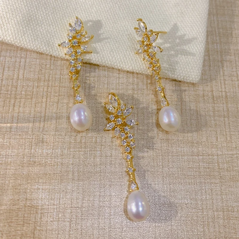 LUOXIN Wedding Fashion Designer Freshwater Pearl Gold Plated Pendant Earring and Necklace Bridal Pearl Jewelry Set