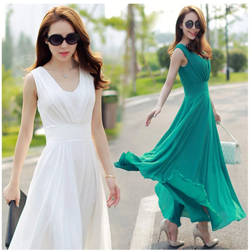 Summer new style plus size solid color beach long skirt Korean fashion bohemian white chiffon dress