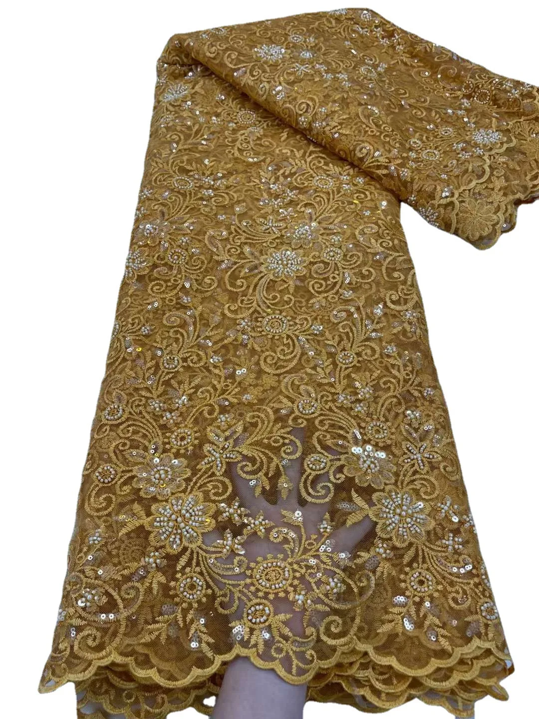 LS561 African Bead Lace Embroidery Fabric Sequins Bead Tube Mesh Gauze Fabric For Party  Dress Wedding Dress